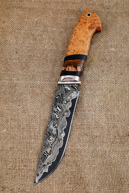 Нож Овод 2 дамаск ламинированный мокуме-гане кость мамонта карельская береза