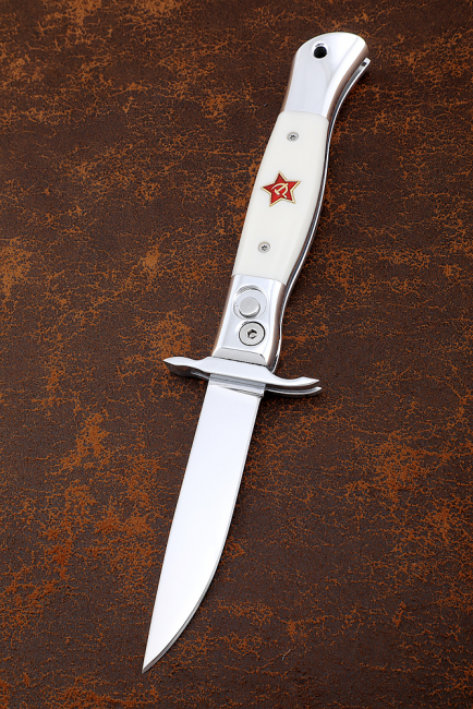 Нож Финка НКВД выкидная сталь х12мф накладки акрил белый с красной звездой