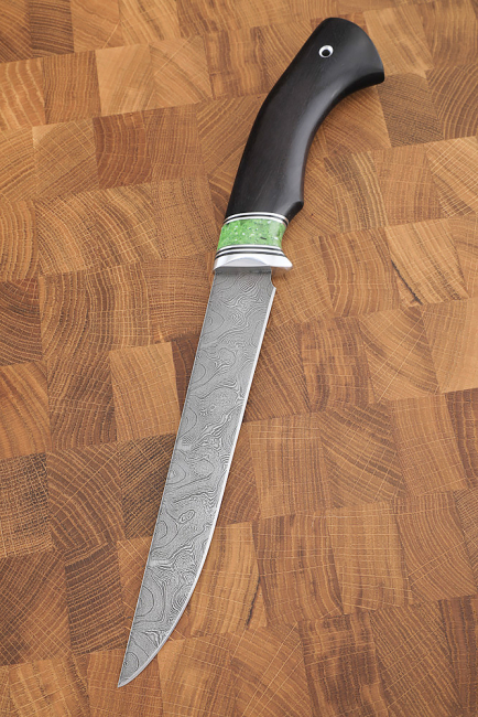 Нож Касатка большая филейный дамаск рукоять акрил зеленый черный граб