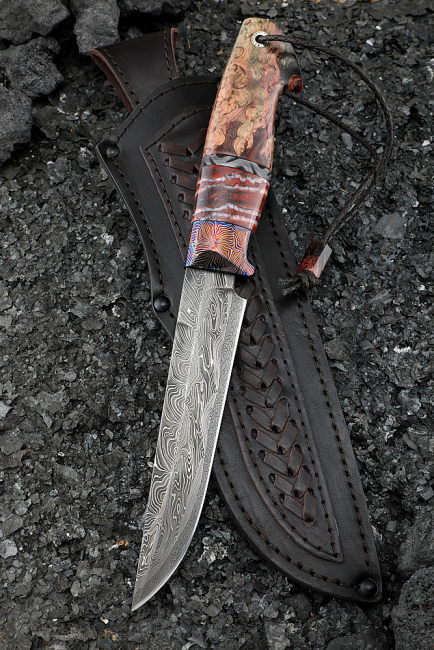 Нож Сапер дамаск торцевой мокуме-гане рукоять карельская береза коричневая кость мамонта