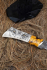 Нож Боец дамаск торцевой кость мамонта бивень моржа с гравировкой на подставке