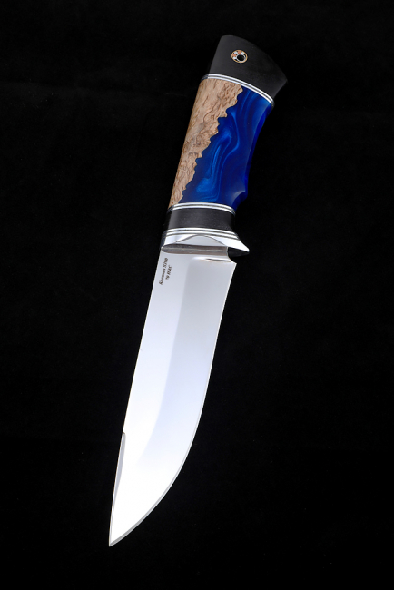 Нож Оса сталь S390 Bohler карельская береза + акрил синий черный граб